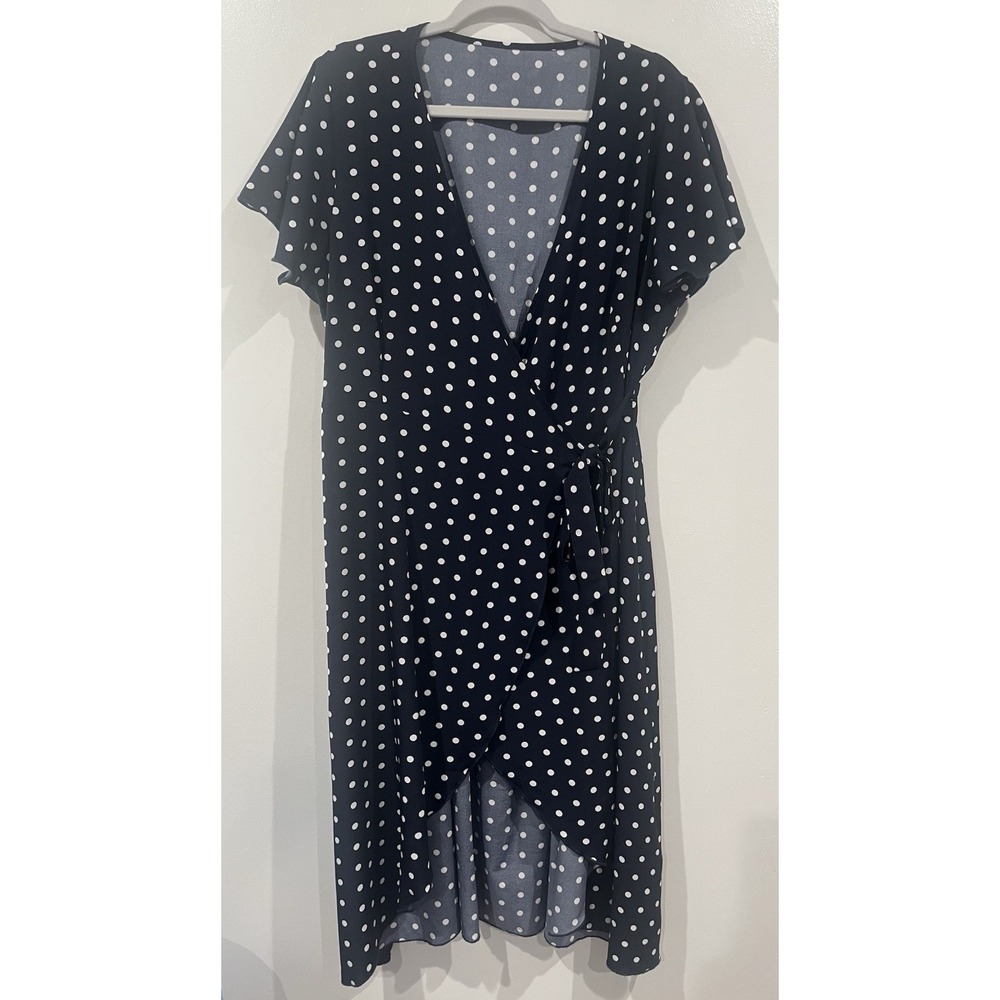Navy Blue White Polka Dot Wrap Dress Short Sleeve V-Neck Midi XXL